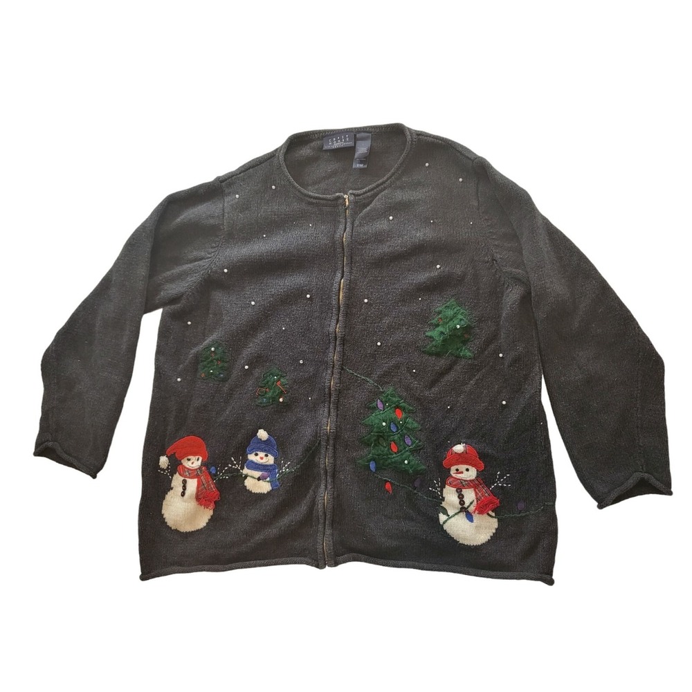 Crazy Horse Christmas Holiday Sweater Sz 1X 16W Full Zip Snowman Winter Novelty
